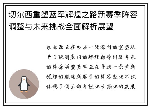 切尔西重塑蓝军辉煌之路新赛季阵容调整与未来挑战全面解析展望